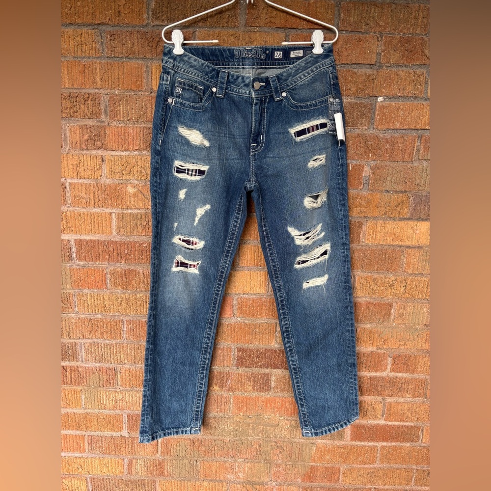 Miss Me Boyfriend Ankle Ripped Plaid Patch Cotton Denim Womens Jeans NEW Size 28